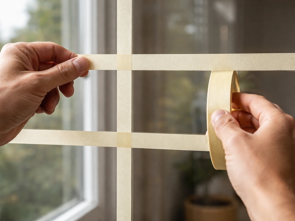 Hands applying vertical and horizontal tape grid to a window pane to help prevent birds flying into glass.