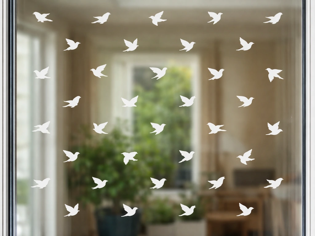 Close-up of bird window decals neatly spaced across a window glass in a grid-like pattern.