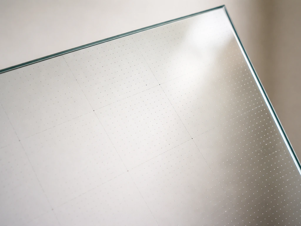 Close-up of window glass with subtle UV-etched bird-safe pattern catching light