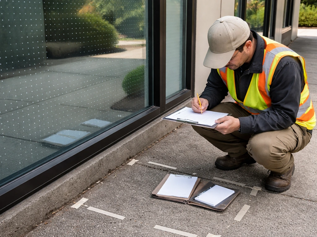 Person near a treated building window, clipboard in hand, documenting an animal-collision monitoring search area.