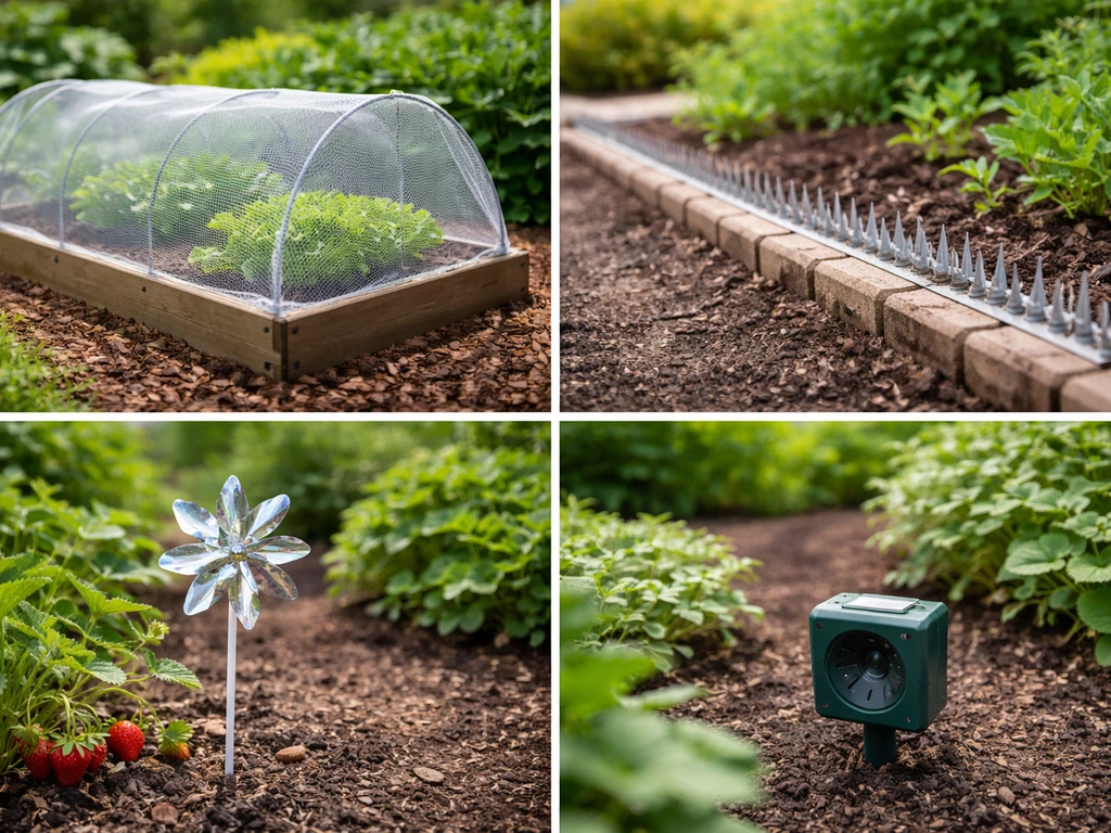Four garden deterrent setups side by side: netting, spikes, reflective device, and a sonic repellent.