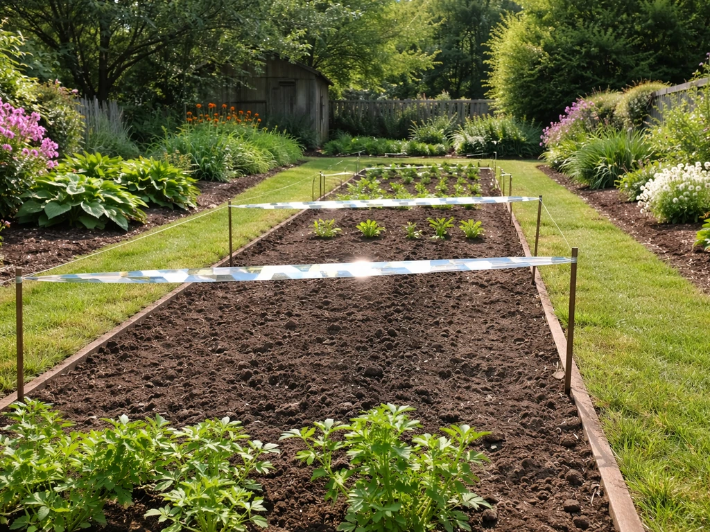 Reflective flash tape stretched across flower beds, fluttering in sunlight to deter birds.