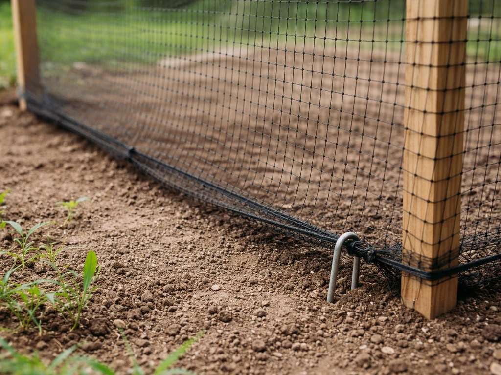 Close-up of bird netting stretched taut and secured with stakes at the base, leaving no gaps