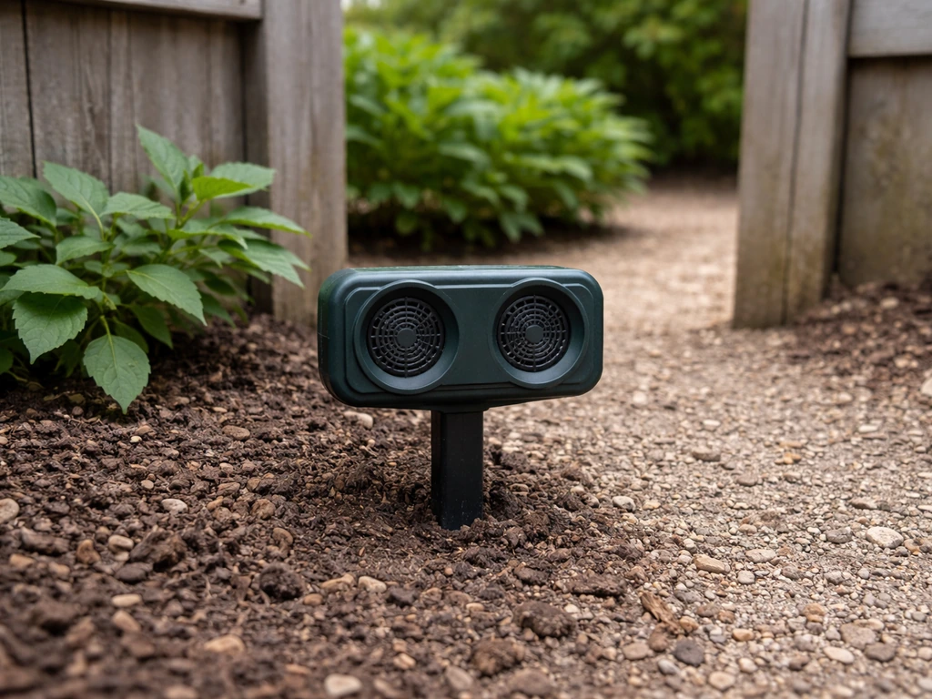 Sonic bird-deterrent unit in a garden with speaker aimed toward a bird entry path