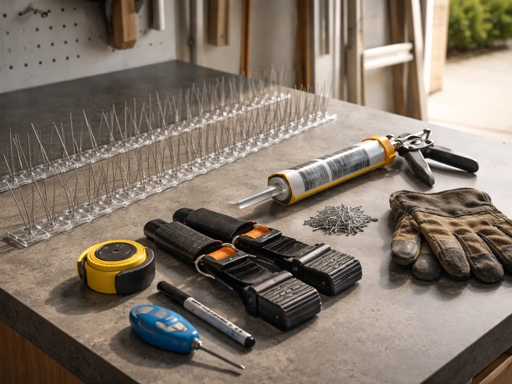 Bird spike strips and essential roof tools laid out neatly on a workbench for installation.
