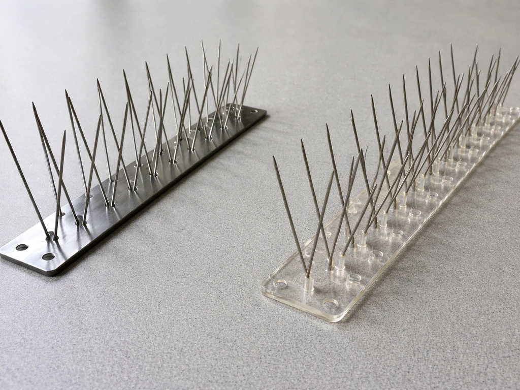 Side-by-side photo of stainless steel needle spikes on stainless vs polycarbonate bases on a flat surface.