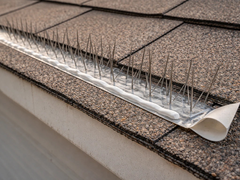 Close-up of bird spike strip laid end-to-end on asphalt shingles with adhesive bead before pressing.