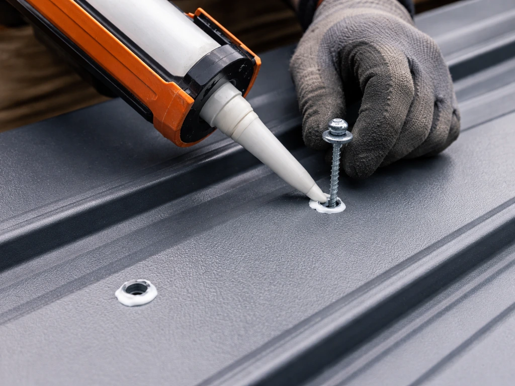 Gloved hands applying roof sealant into pre-drilled holes and over a screw head on a metal roof panel.