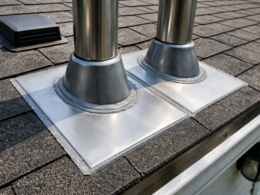 Gap-free roof spike sections near a vent, with clean caulk lines and a hint of gutter below.