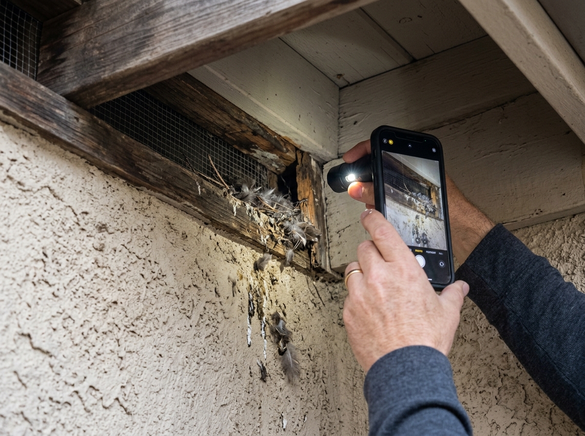 Inspecting a specific nesting gap under the eaves to identify the entry spot.