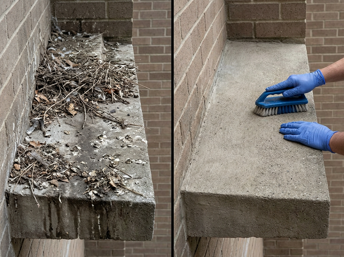 Removing old nesting debris and droppings to fix repellent failure issues.