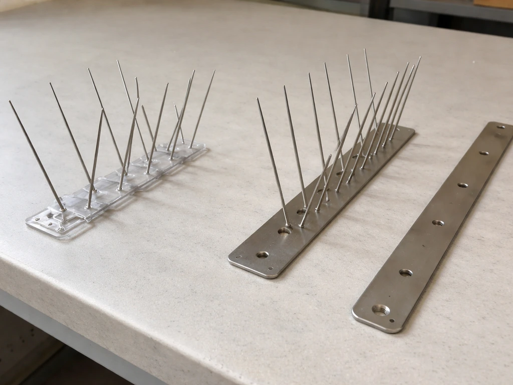 Bird spike systems side-by-side, showing plastic-base vs all-stainless metal-base mounts on a workbench.