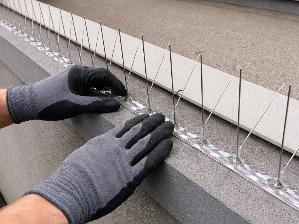 Hands press bird spikes onto a roof edge, showing even spacing and applied adhesive/fasteners