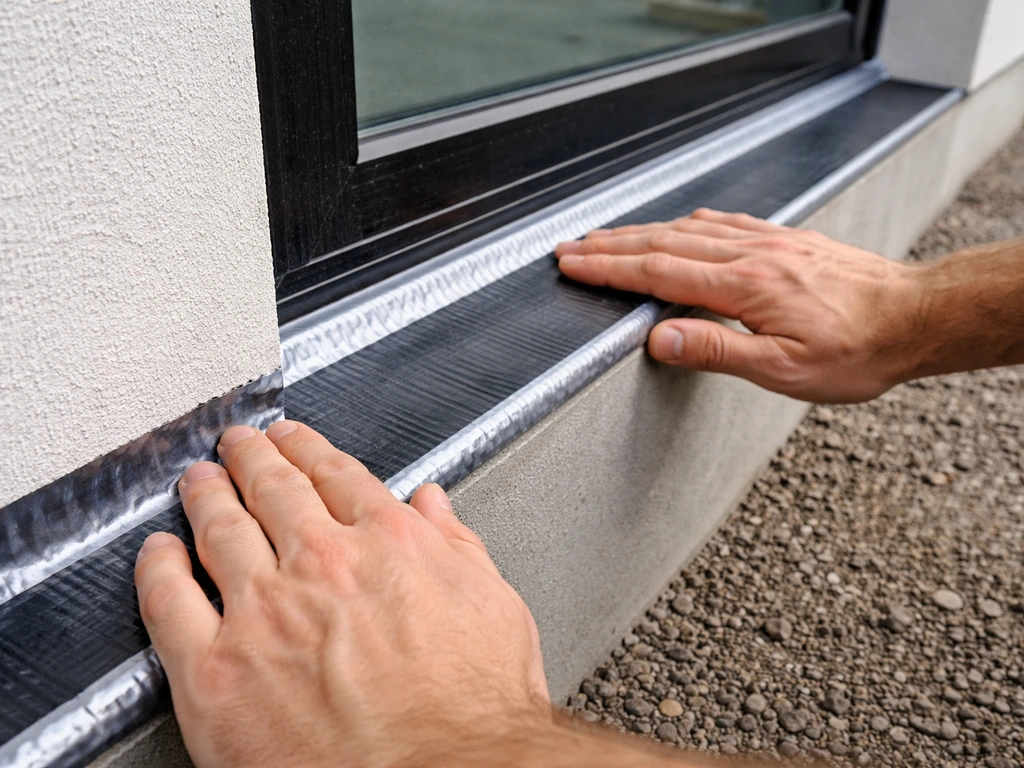 Hands pressing along each bonded adhesive strip on a window to confirm firm adhesion and alignment.