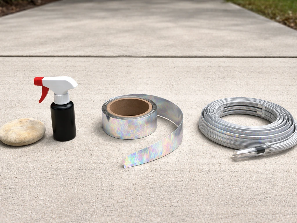 Three deterrent items laid out side-by-side: chemical spray, reflective tape, and electric shock tape.