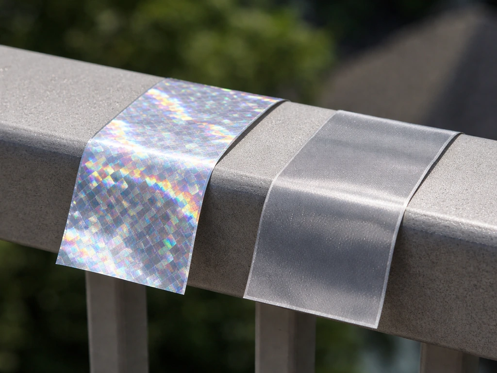 Close-up of bird repellent tape showing reflective tape beside another tape type, installed on a surface.