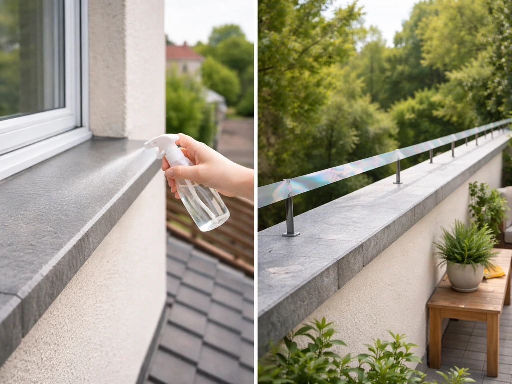 Minimal rooftop and patio scene split into two panels showing deterrent concepts like spray and tape on ledges.