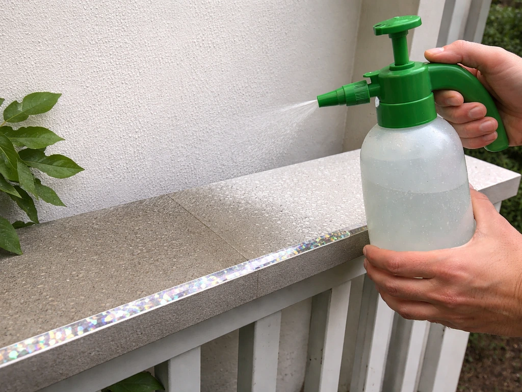 Hands reapplying bird deterrent spray on a ledge, with reflective tape placed as an alternate deterrent.