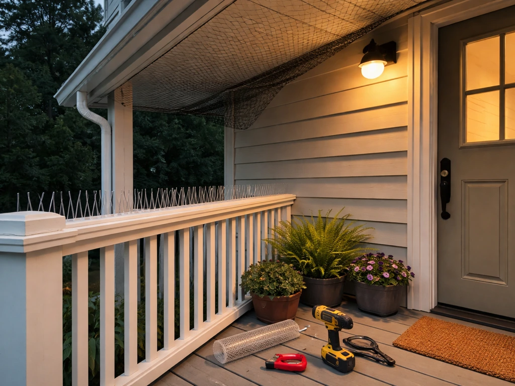Porch showing bird deterrents: spikes on rail, netting under eaves, and a motion light on.