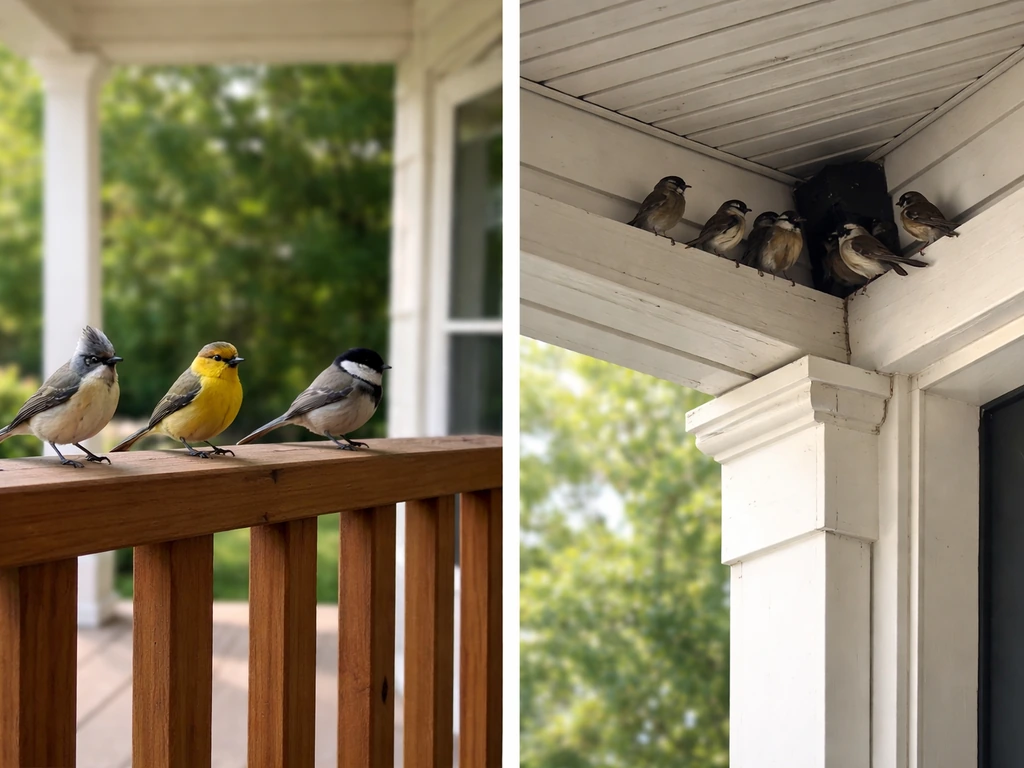 Left: small birds perched on porch railing; right: birds near porch eaves with no accessible entry.
