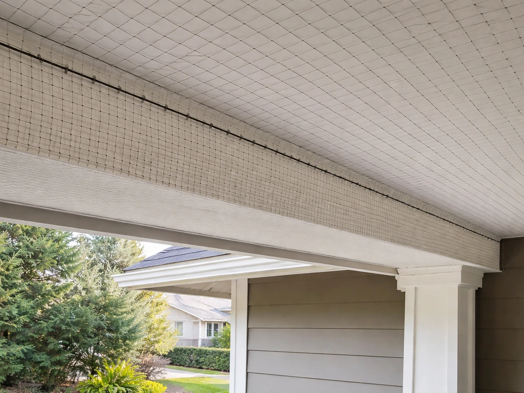 Tensioned bird netting secured along a porch eave, with sealed edge attachment visible