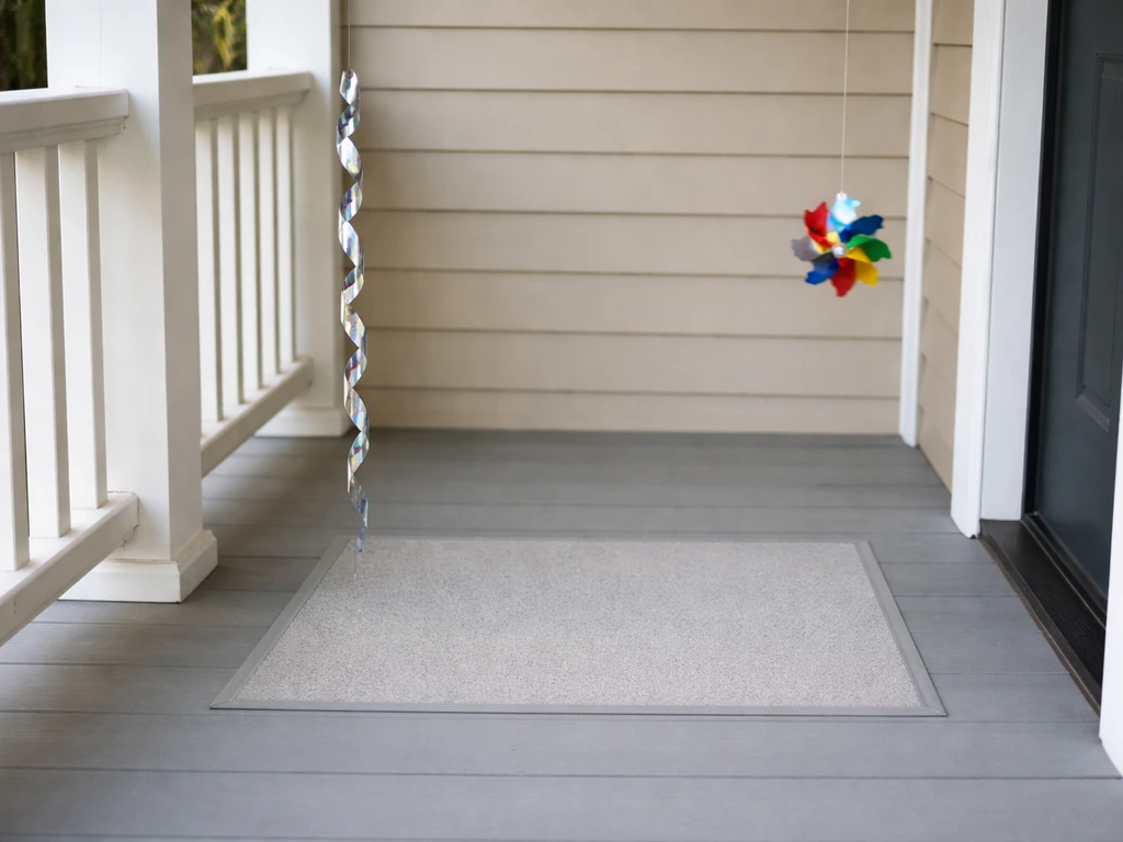 Porch corner with reflective spiral tape and a small spinning pinwheel near a protected bird landing spot.
