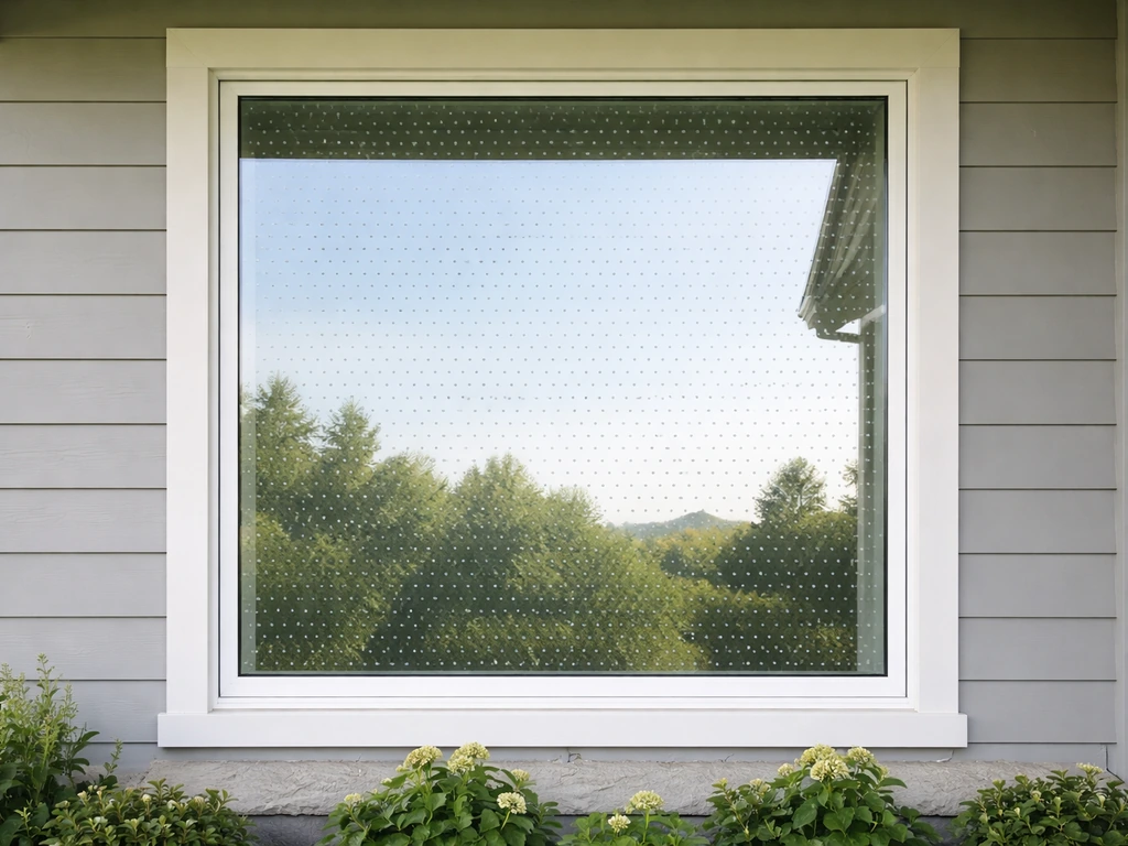 Exterior view of a home window with bird-safe dot-pattern window film against sky reflections