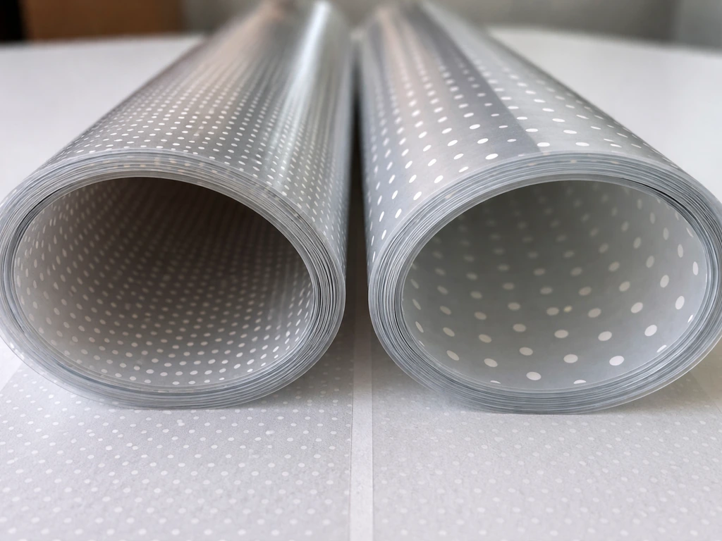 Close-up comparison of two bird-safe film backs showing different pattern spacing and density.