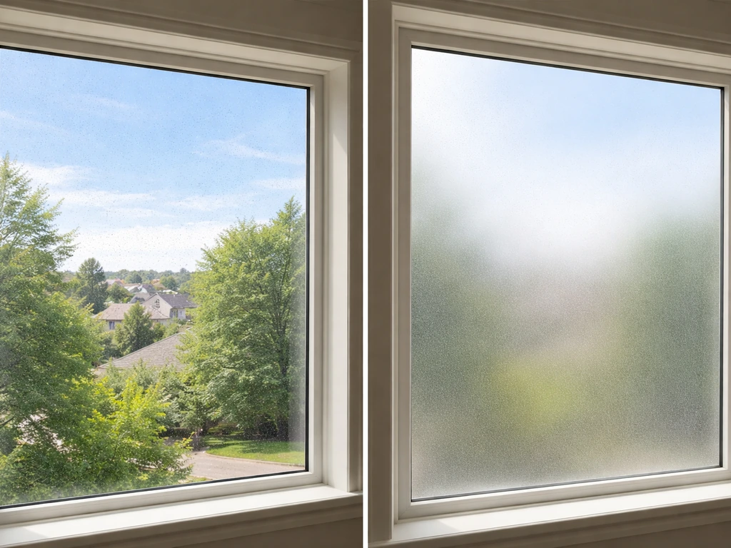 Split-screen view through clear bird-safe film vs frosted decorative film on a window outdoors