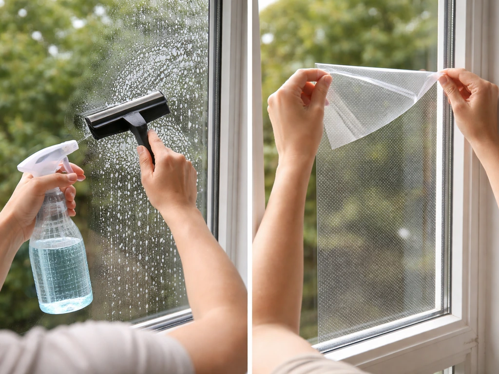 Hands squeegee-cleaning exterior window glass while aligning bird-safe window film before smoothing.