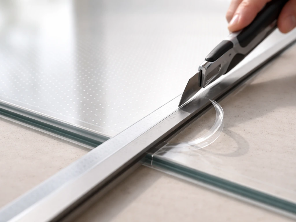 Person trimming bird-safety window film with a utility knife and straight edge, dot grid aligned to glass