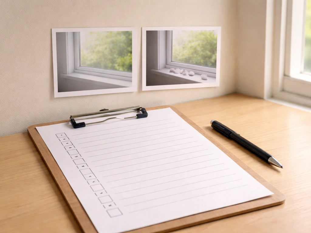 Clipboard with blank before-and-after checklist and small feathers near a window reference photo, no text.