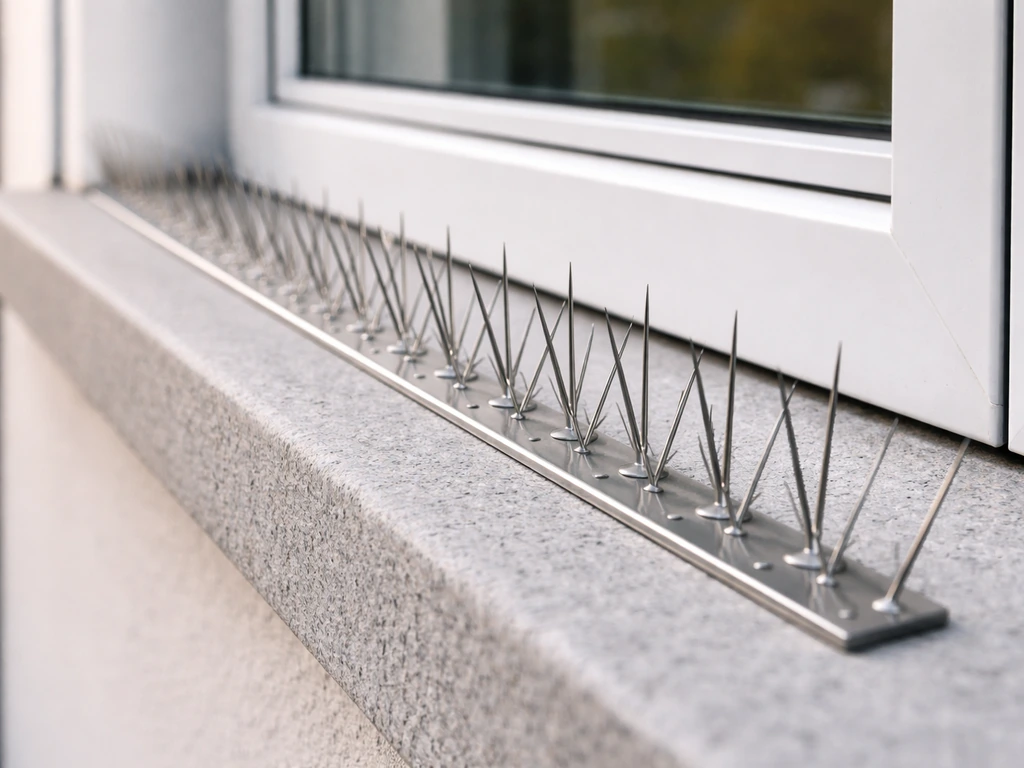 Close-up of a spike strip installed on an exterior window ledge to stop birds perching.