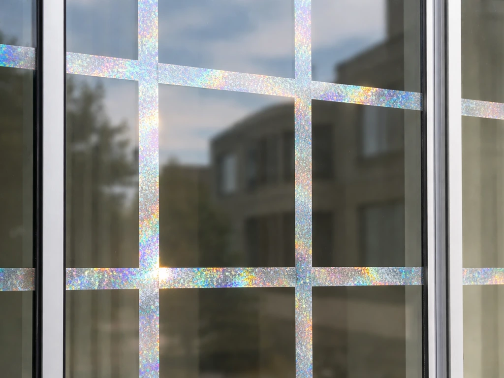 Reflective holographic bird tape strips on the exterior of a glass window, minimal scene.