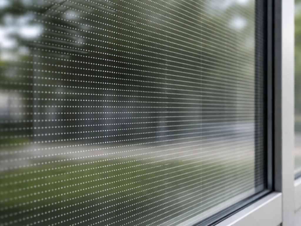 Close-up of patterned exterior window film with dots and lines on glass, view softly obscured
