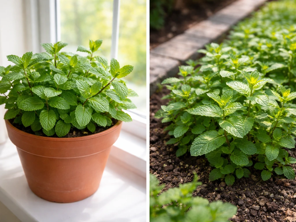 Fresh green mint leaves in two simple containers—indoor by a window and outdoor in a small bed side-by-side.