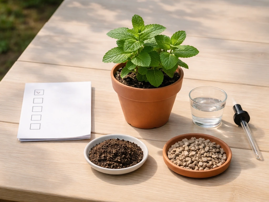 Minimal photo of fresh mint plant with small pots and labeled care items: light, soil, pH, and watering