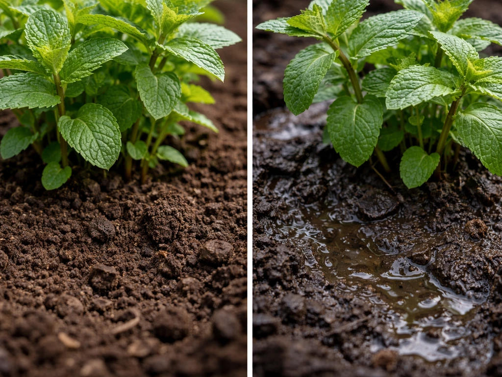 Close-up of mint growing in crumbly well-draining loamy soil versus drooping mint in soggy waterlogged soil