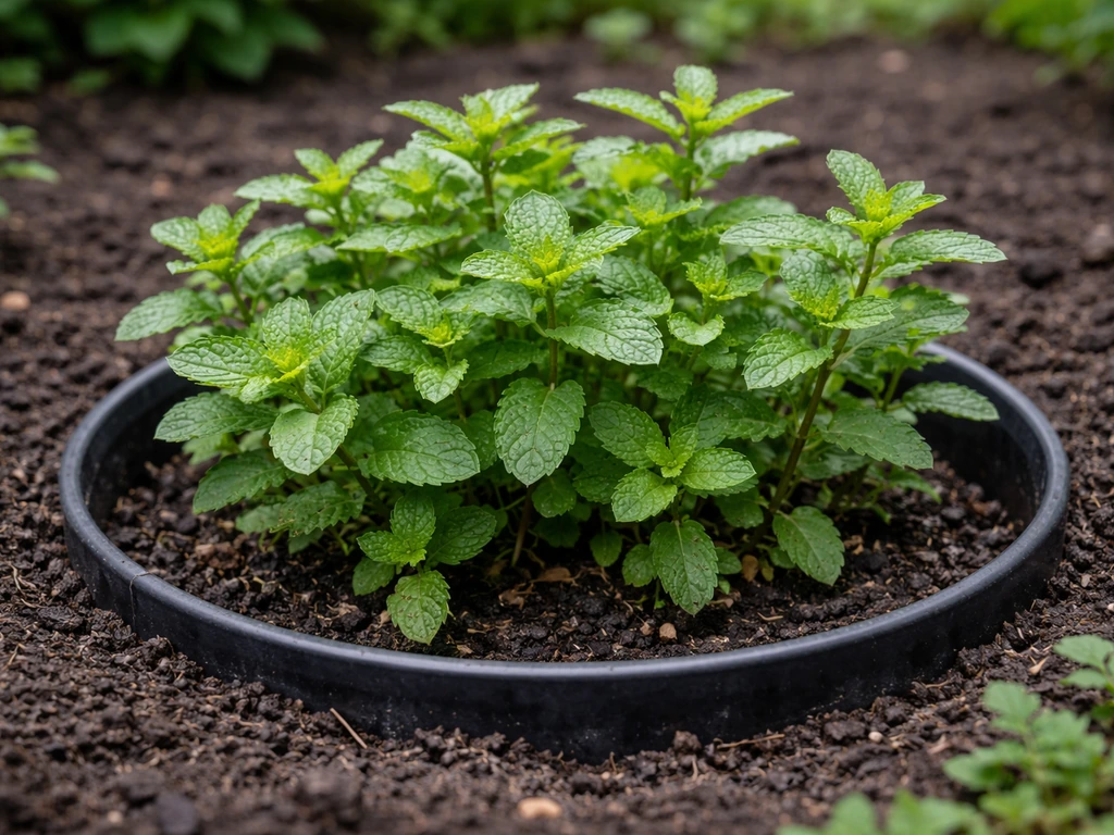 Mint plant thriving in a sunken plastic container in an outdoor soil bed to prevent spreading.