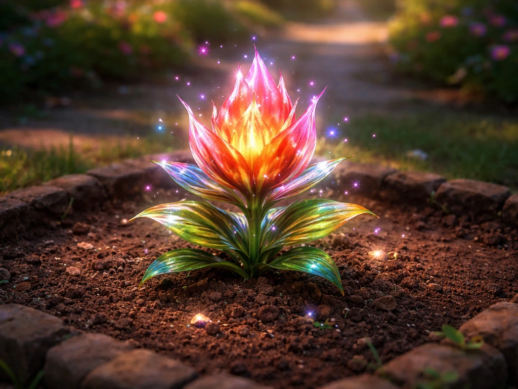 Minimal in-game scene showing a glowing flower crop labeled Burning Bud concept without text.