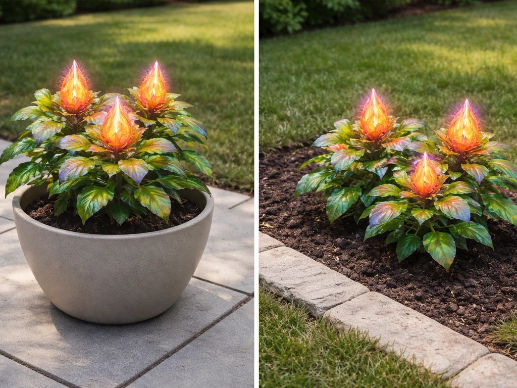 Burning Bud crop in two setups: a pot on a patio and an in-ground bed, showing placement difference.