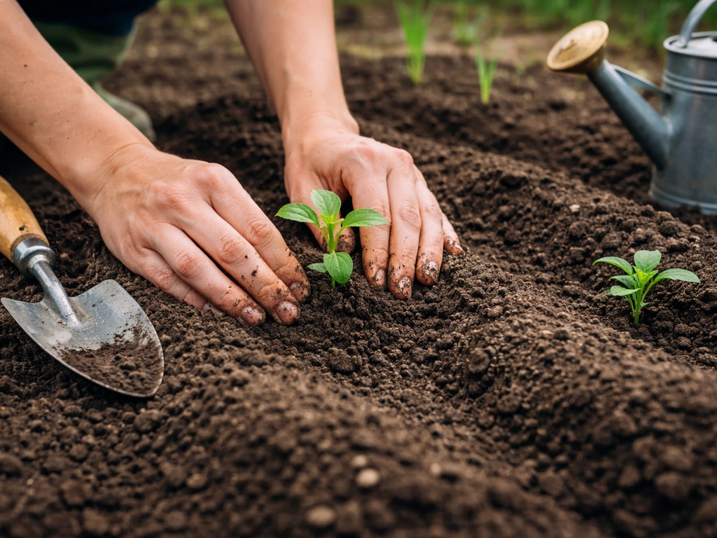 Hands planting a seedling into evenly spaced soil in a simple garden bed with a trowel and watering can.