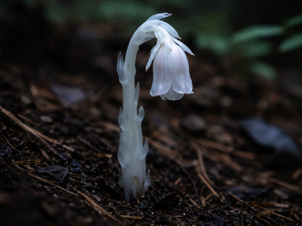 Macro close-up of pale white translucent ghost pipe growing on a dark forest floor with no green parts.