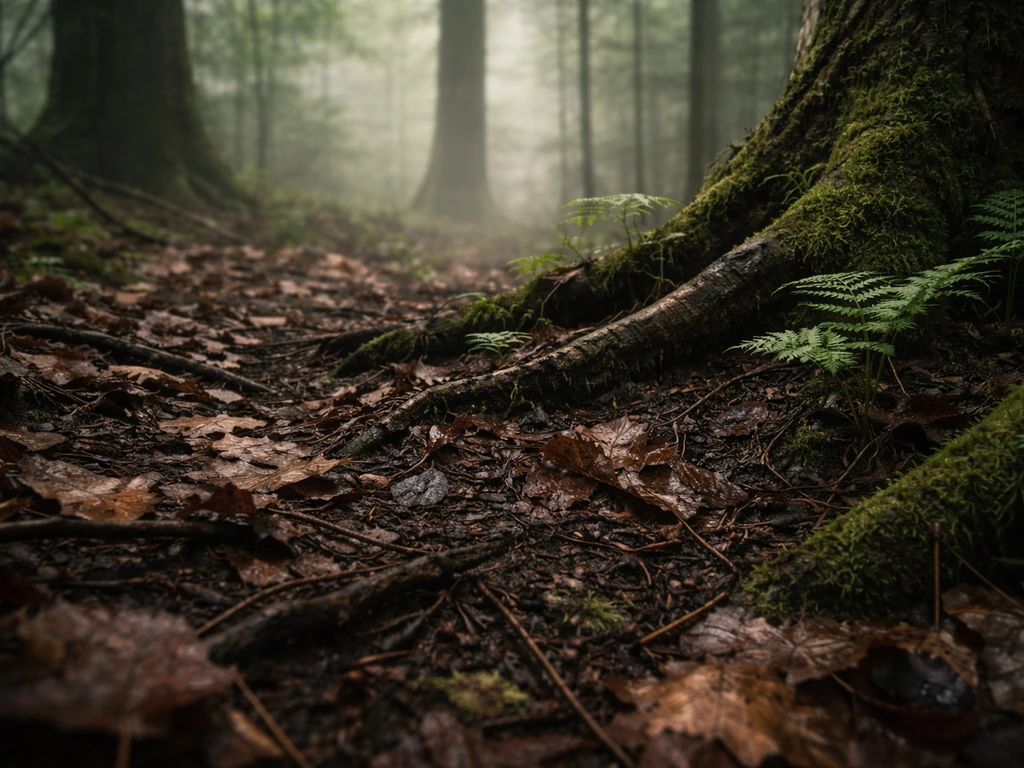 Moist shaded forest floor with layered leaf litter, moss, and soft light filtering through tree trunks.
