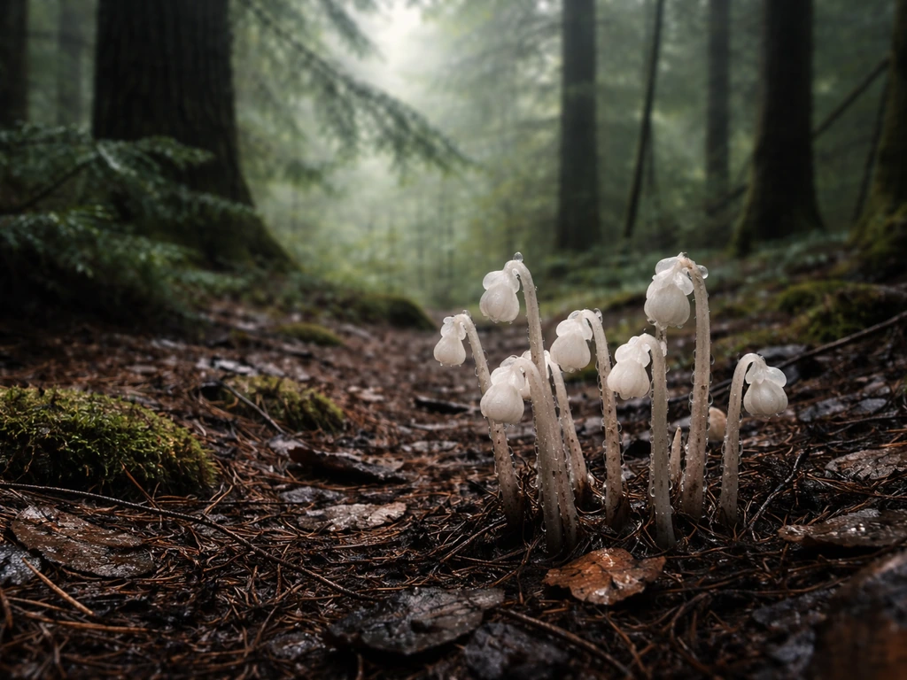 Wet shaded conifer understory with pale ghost pipe plants emerging from dark humus and leaf litter.