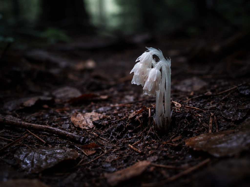 Closeup of a shaded forest floor with leaf litter, dark humus, and a ghost pipe stem emerging