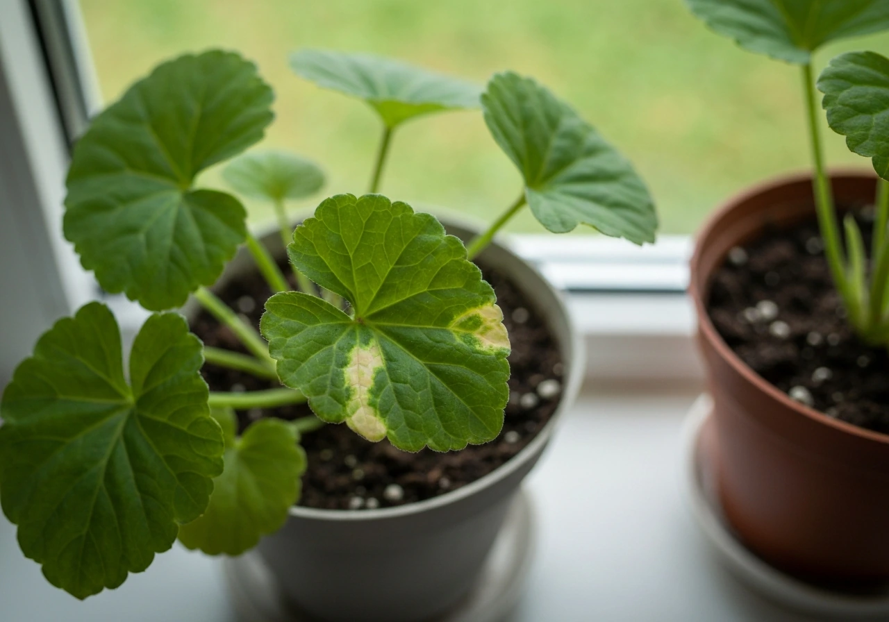 Close-up of a potted plant with one leaf showing a localized unusual mutation-like patch.