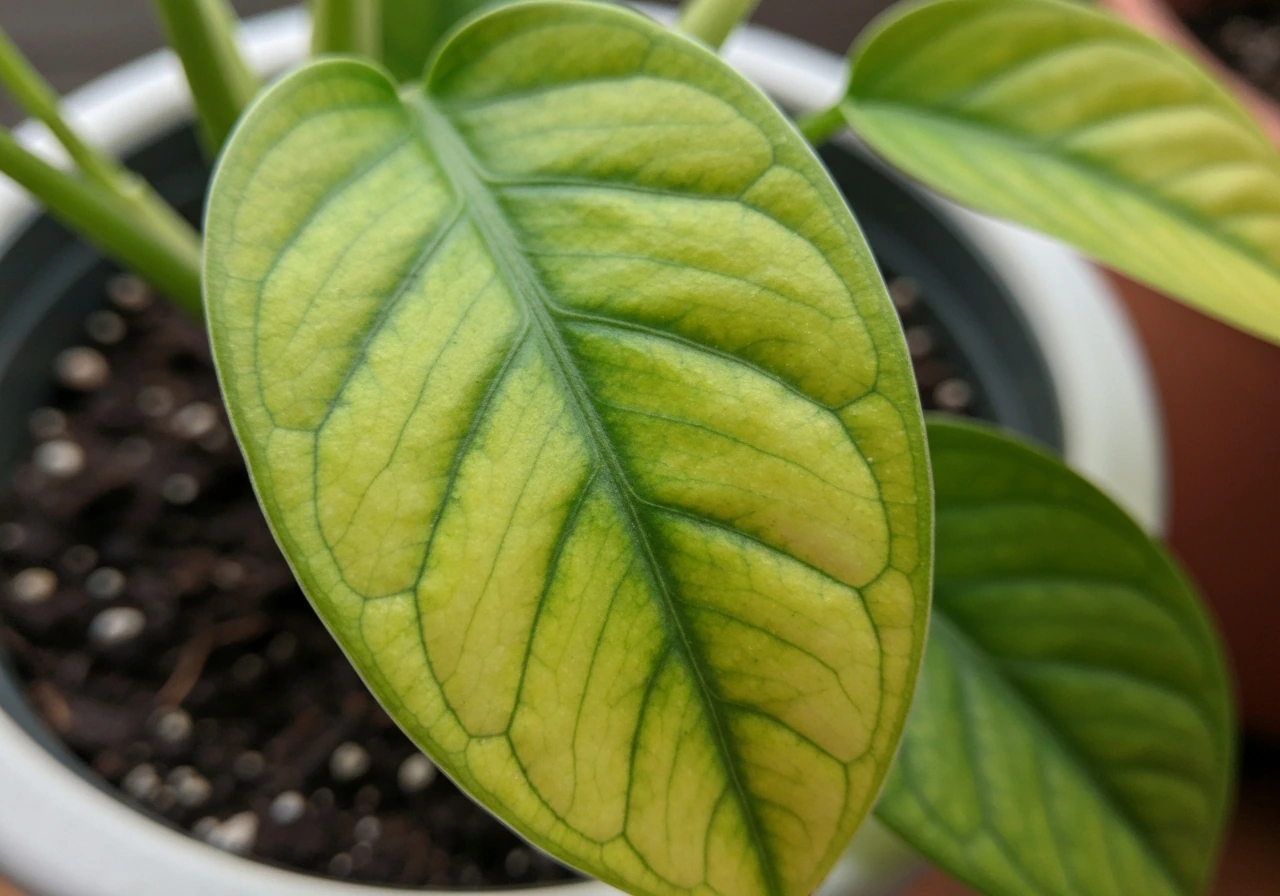 Close-up of a potted plant leaf showing interveinal chlorosis—yellow between veins with greener veins.