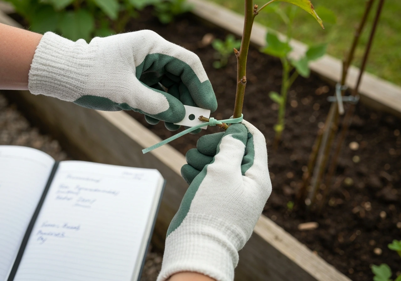 Gloved hands tying and tagging a single plant branch for suspected mutation, with a date note blurred behind