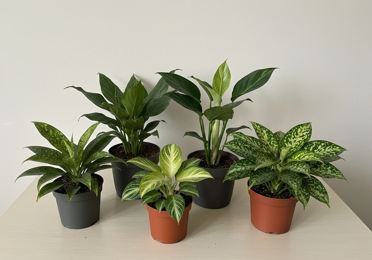 Multiple potted plants with different stable variegation patterns on a plain tabletop